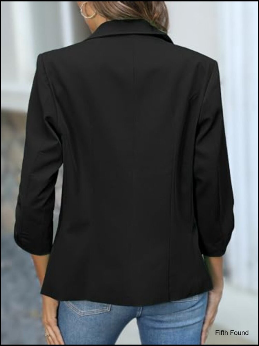 Slim Fit Blazer with Padded Shoulders Ruched 3/4 Sleeves Business Casual - Picture 3 of 7